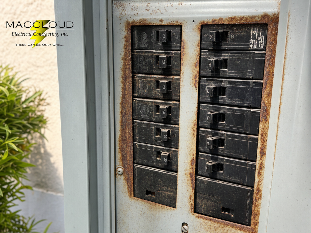 Close-up of an older electrical panel showing rust and corrosion around the breakers