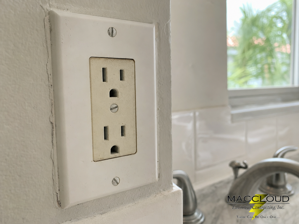 Close-up of an older outlet near a sink without GFCI protection