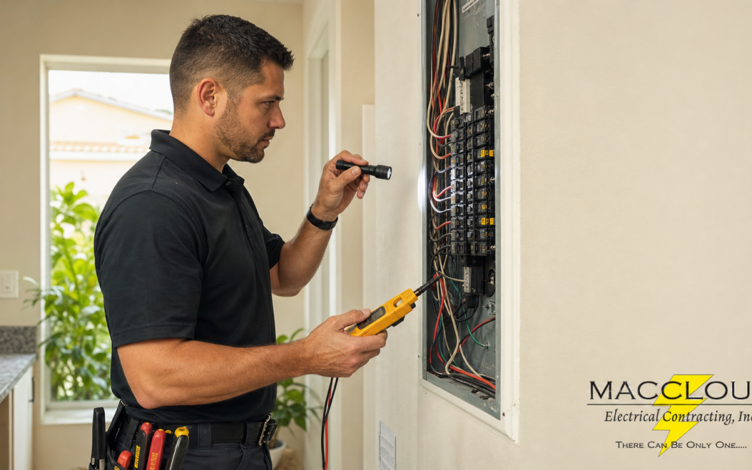 Electrician inspecting a home's open breaker panel for code violations