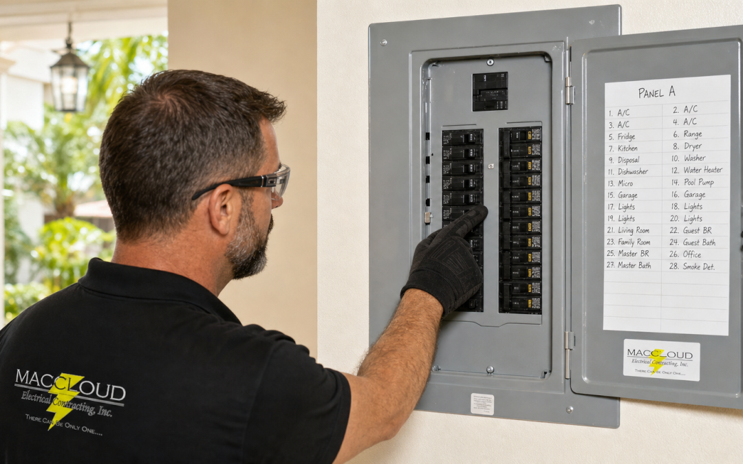 Electrician inspecting an open residential electrical panel with labeled circuit breakers