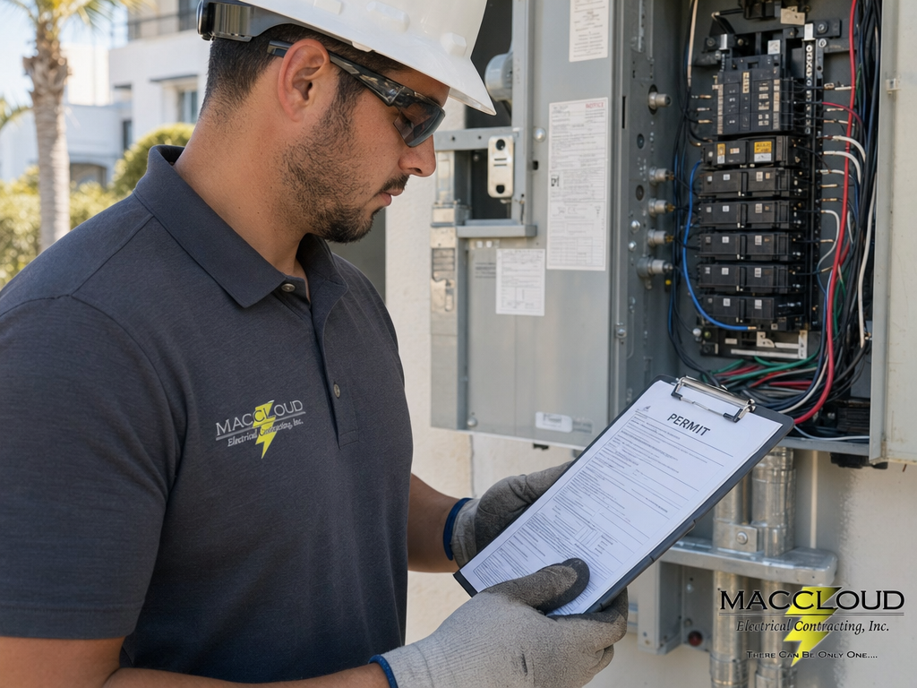 Electrician reviewing a permit document next to an open commercial electrical panel